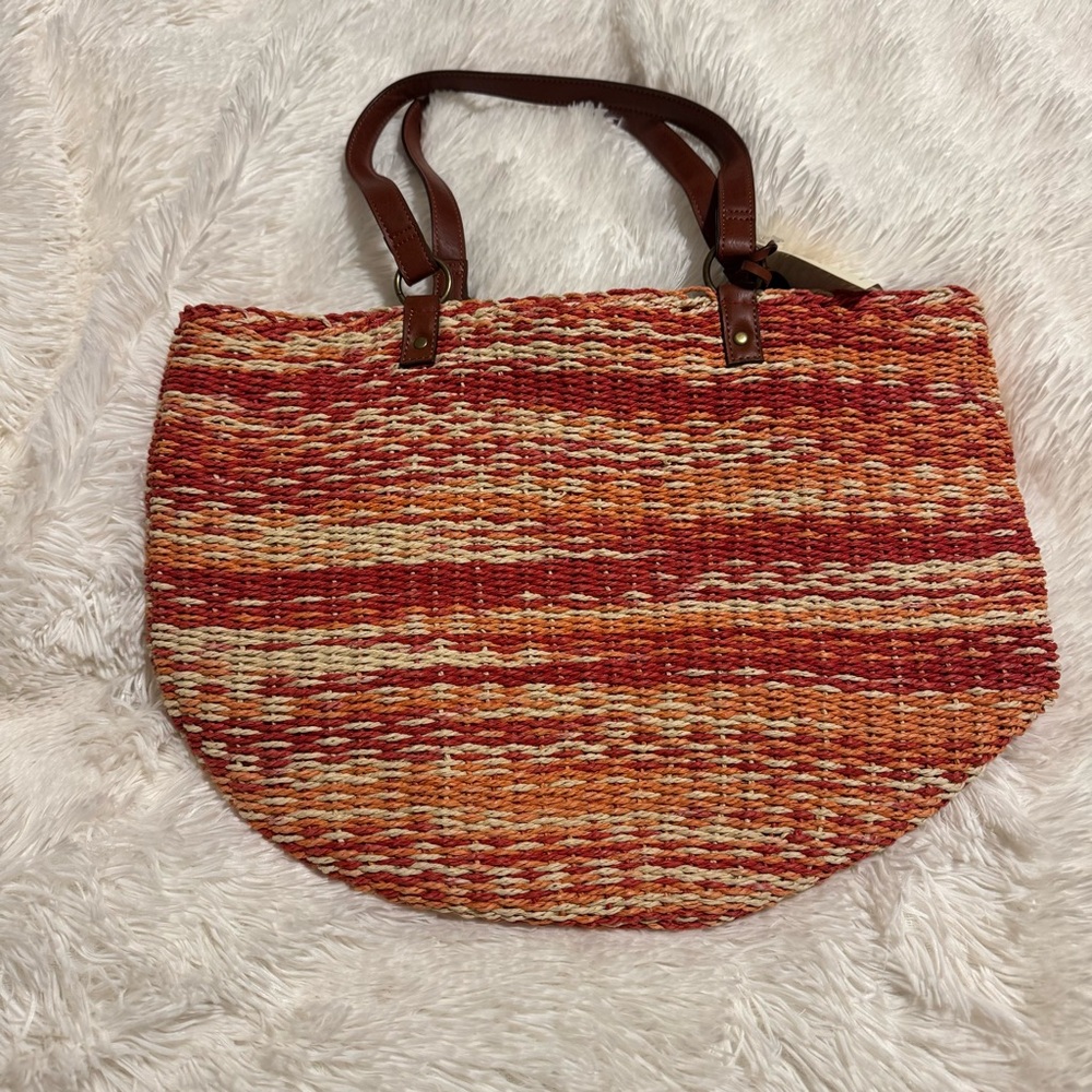 Lucky Brand ๐ Red, Orange, & Tan Woven Straw Tote Bag w/ Brown Handles Nโฆ - Picture 3 of 16